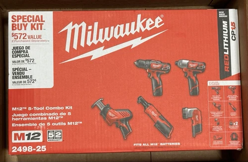 Kit 5 utensili Milwaukee M12 nuovi con scatola: trapano/avvitatore a percussione/seghetto/racthet/luce 2498-25-
