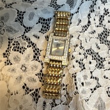 Gold Rectangular Analog Wristwatch Silver Dial Metal Band Women's Dress
