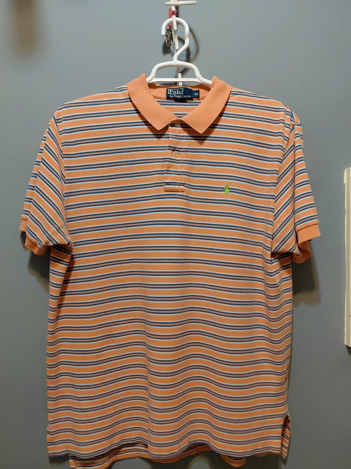 Vtg Ralph Lauren Polo Mens L Orange/Blue Thick Cotton Shirt Green Pony Logo