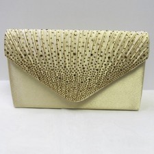 Gold Satin Rhinestone Evening Bag Clutch Sparkle Bridal Wedding Formal Prom