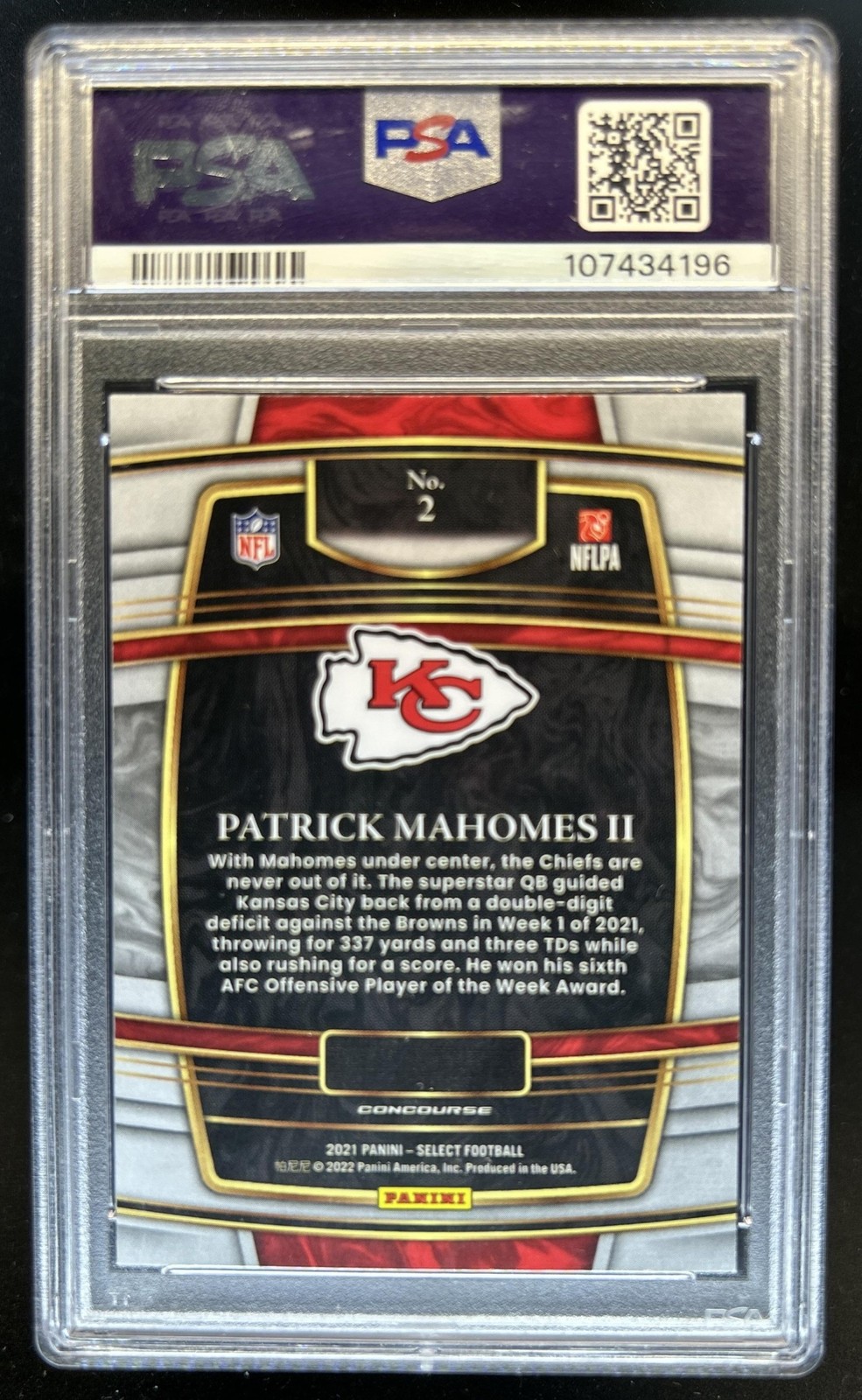 2021 Panini Select Patrick Mahomes II Concourse #2 Chiefs PSA 9 view 2
