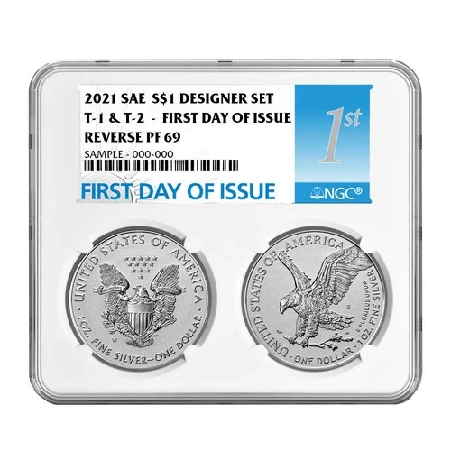 2021 Reverse Proof American Silver Eagle Designer 2pc Set NGC PF69 FDI First