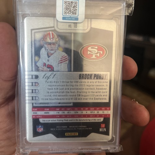 2023 Panini Absolute Brock Purdy Rookie Plate 1/1 Card#18+ Rated Rookie PSA9