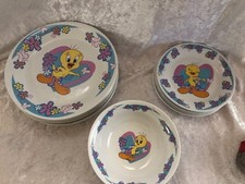 LOONEY TUNES Tweetie Bird Ceramic Dinner Smaller Plates, Bowls Set Of 4 Each