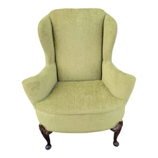 19thC English Queen Anne Style Wingback Chair Walnut Legs Faded Green Upholstery