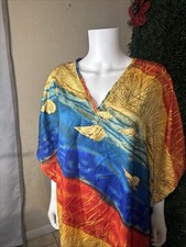 Winlar Multicolor Abstract Kaftan Long Dress Satin V Neck Half Kimono Sleeve