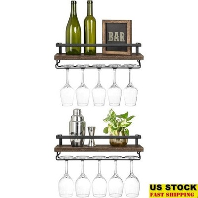 Wall Mount Vintage Wine Glass Holder Rustic Steel Wood Rack Space Saving Design
