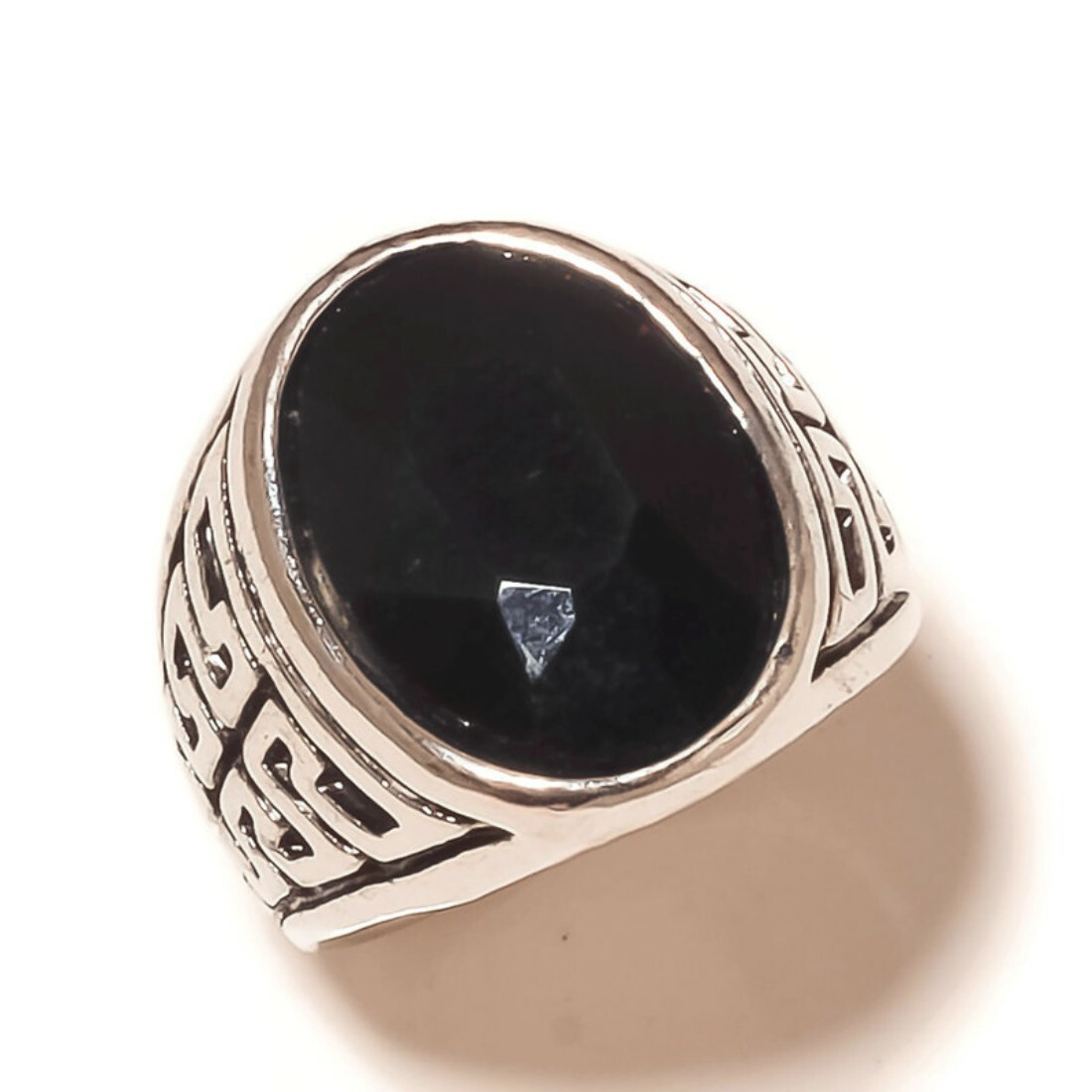 Natural Black Onyx Gemstone Silver Overlay Handmade Vintage Oxidized Ring US-8.5