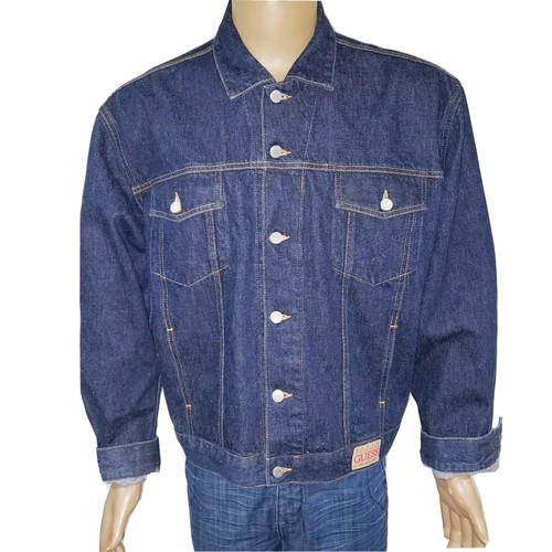 Guess, Vintage Guess USA Made Denim Jean Trucker Jacket Boxy Pockets XL Blue Dark Wash