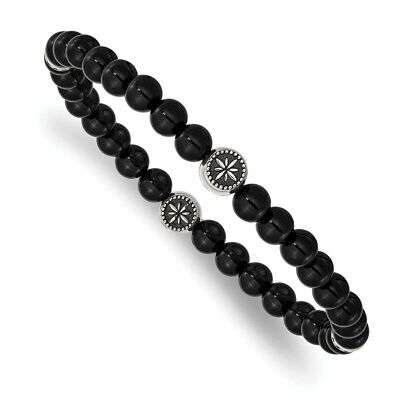 Chisel Stainless Steel Antiqued and Polished Cross 7mm Black Agate Beaded Stretch Bracelet Chisel Stainless Steel Antiqued and Polished Cross 7mm Black Agate Beaded Stretch Bracelet