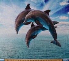 37" X 44" Panel Three Dolphins Jumping Ocean Beach Blue Cotton Fabric D474.49