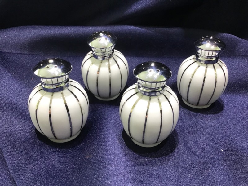 4 IRICE hand painted PORCELAIN SALT + PEPPER SHAKERS vintage SILVER & WHITE