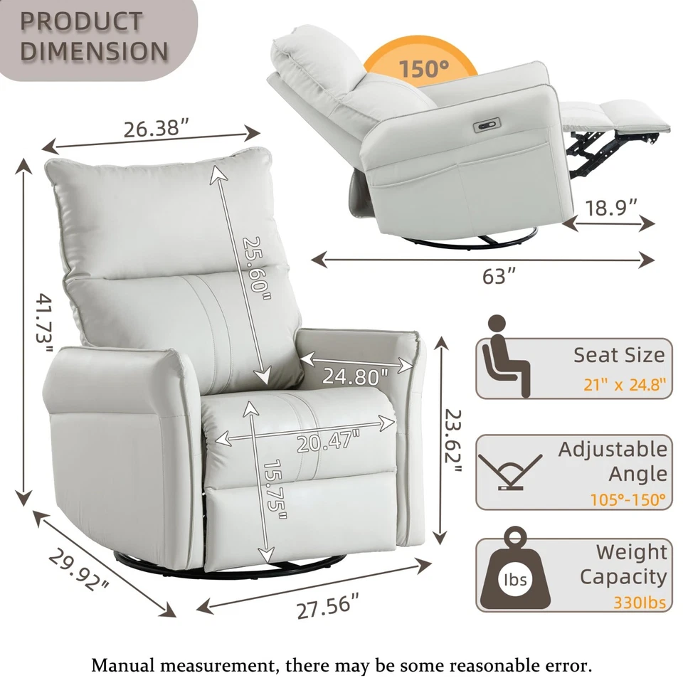 Silla reclinable basculante giratoria eléctrica silla planeadora eléctrica cuero PU USB Foto 2 de 4