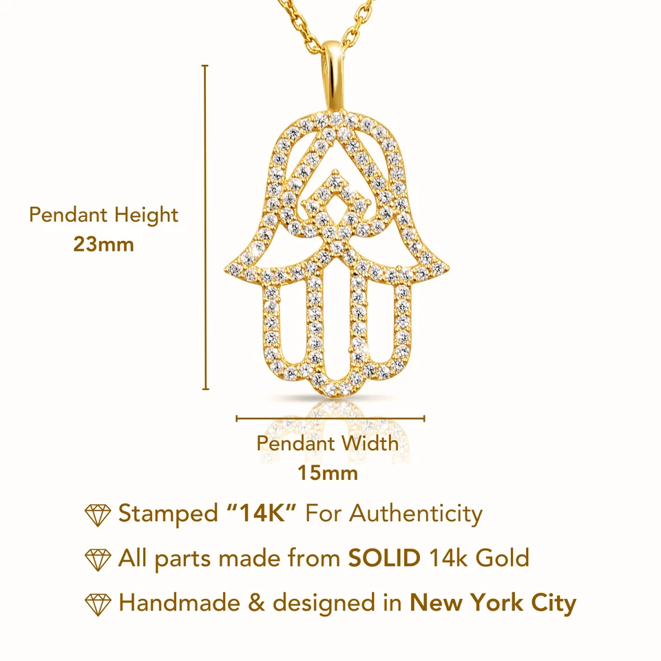 Collar colgante de circonita cúbica de mano de Fátima con pavé de oro amarillo macizo real de 14K de 18 pulgadas Foto 3 de 4