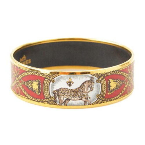 HERMES Gold Tone GM Enamel Bangle with Cloisonné Horse Motif