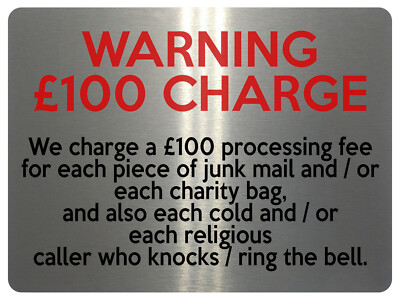 2169 WARNING £100 CHARGE No Cold Callers Funny Metal Aluminium Plaque ...