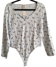 Victoria's Secret PINK Bodysuit Long Sleeve Baby Blue Floral Top Tee Size L NWT