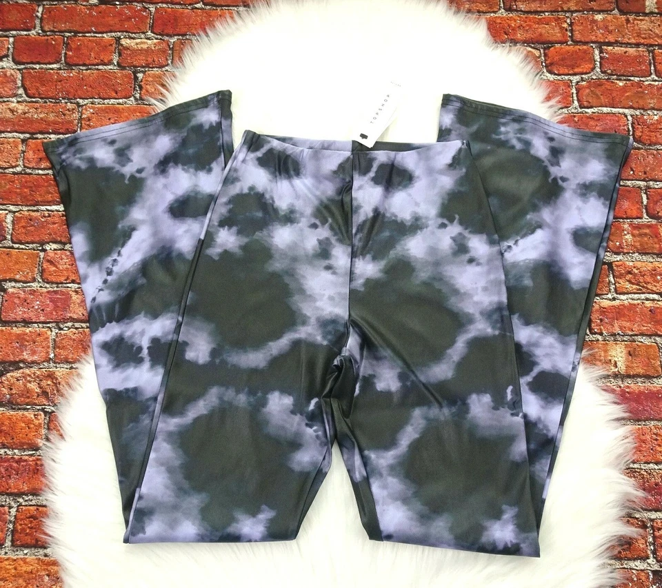 全新带标签 TOPSHOP 紧身裤 扎染 喇叭 复古 90 年代 Groovy 缎面裤子 小号 6P  — 第 3/4 张图片