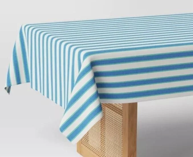 Threshold Quality Fabric Blue Green White Striped Rectangular Tablecloth - Image 3 of 4