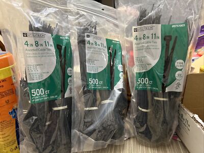 Lot of 3 Cable Zip Ties 500 Count Packs 4  6  11  Black Utilitech Type 21 / 21S