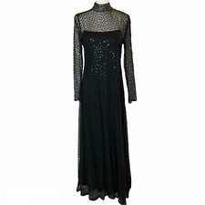 Vintage Women s Gown Sequin Dress Black Full Length Long Sleeves Sheer High Neck