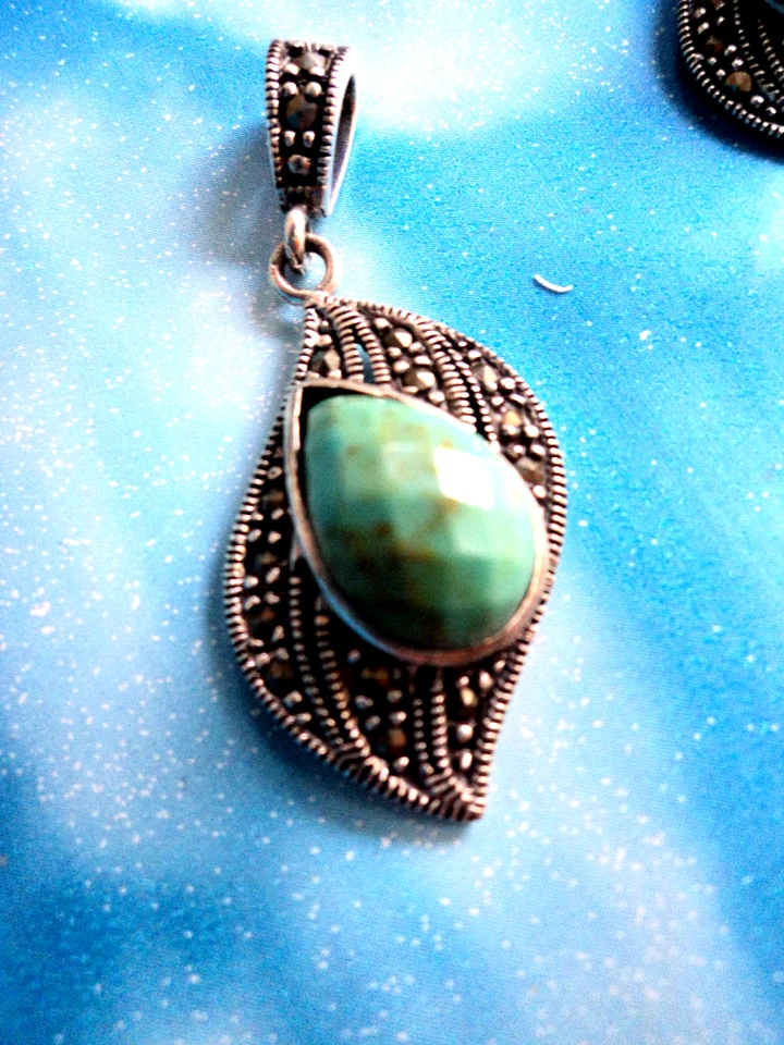 PARURE ORECCHINI +PENDENTE ARGENTO 925 MARCASSITE E TURCHESE STRIATO - Immagine 3 di 4