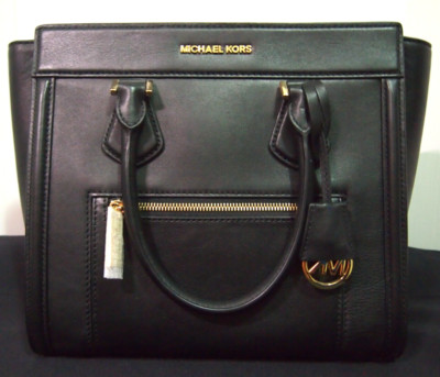 Michael Kors Large 14'' Wide Colette Black Leather-Satchel/Crossbody Handbag