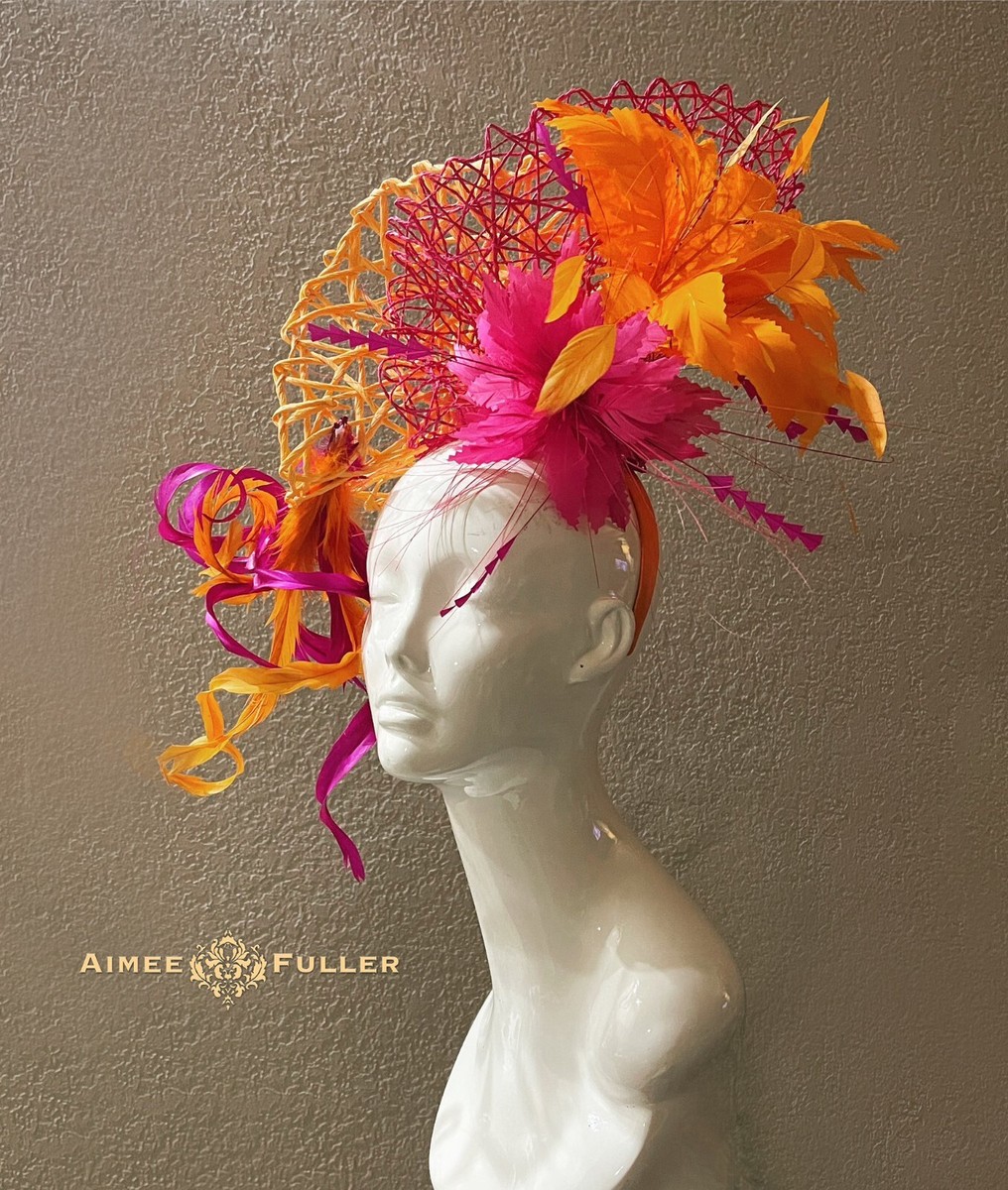Fuchsia Kentucky Derby Fascinator | Floral Feather Headpiece | Clip & Headband | Kentucky Derby Hat Fascinator Pink Sinamay With Scarlet Red  main image 3