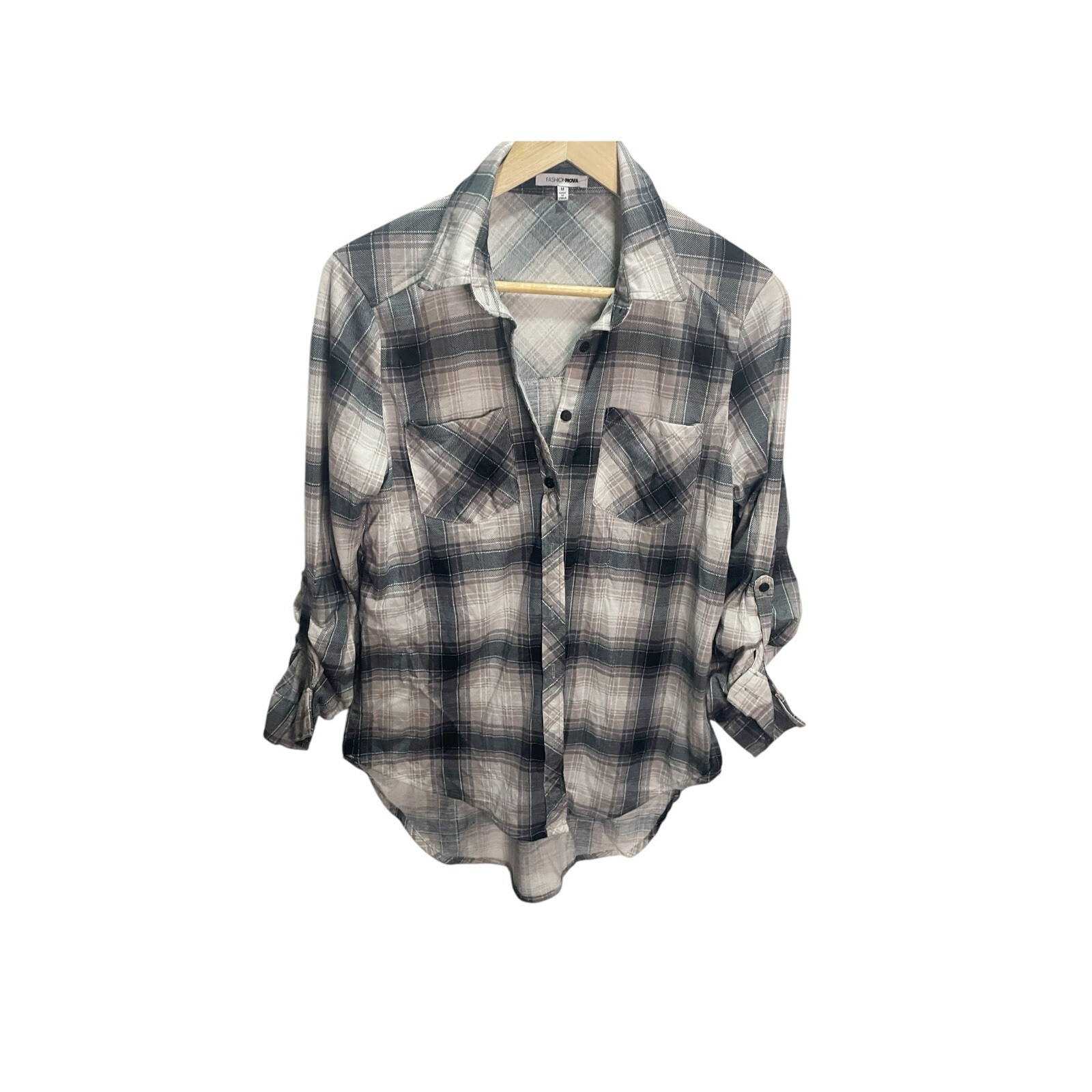 Fashion Nova Blue White Gray Plaid Long Sleeve Button Front Collared Shirt M