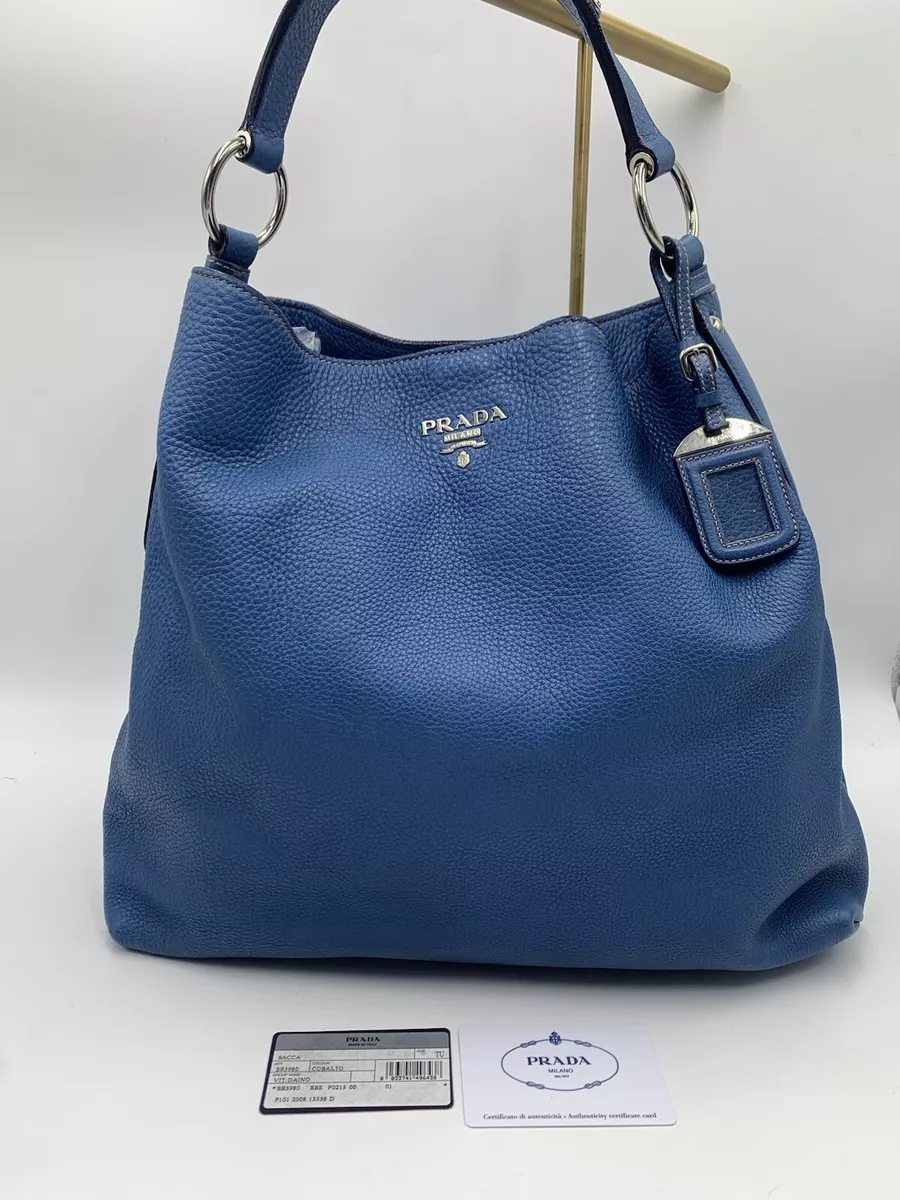 Prada Blue Vitello Daino Leather Top Handle Hobo Bag