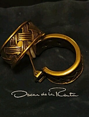 Oscar De La Renta Goldtone  Basket Weave Clip Hoop Earrings w/Bag