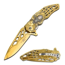 8.25" DARK FANTASY BLADES HEAVY DUTY SKULL SPRING ASSIST FOLDING KNIFE GOLD