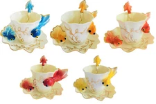 Fish Porcelain Coffee Tea Gift Set, Saucer, Cup, Spoon, For Daily Use, Gift