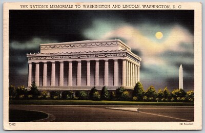 Washington Monument & Lincoln Mem Washington DC - Full Moon - 1948 Postcard 4732