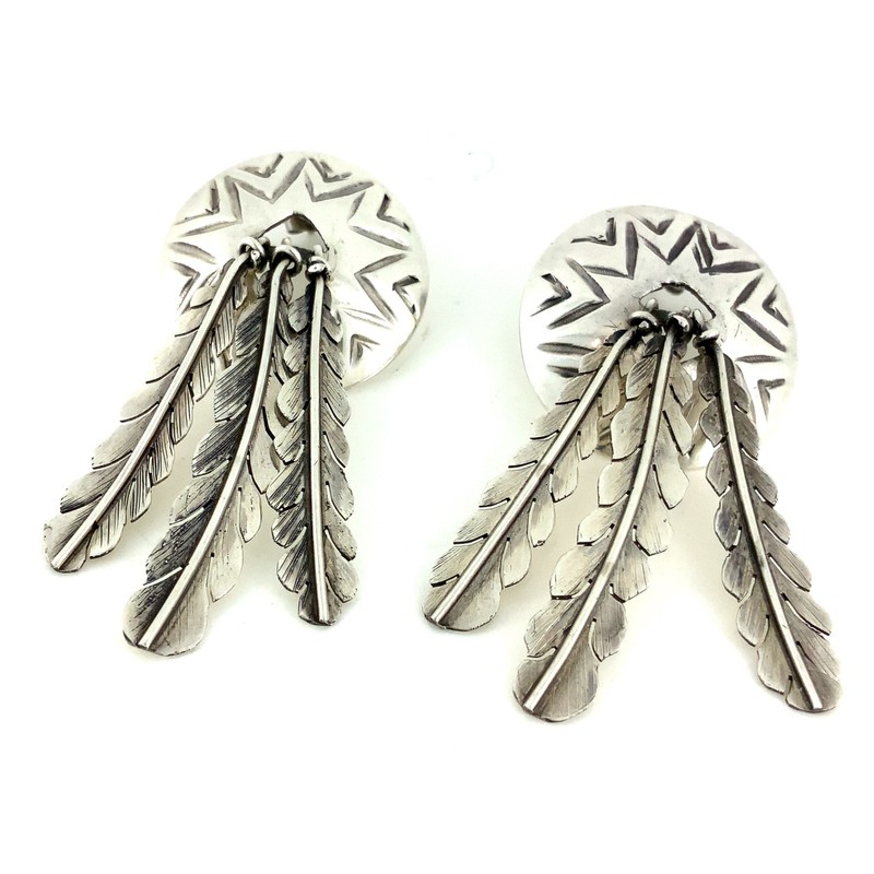Native American Vintage Sterling Silver Concho Feather Dangle Earrings