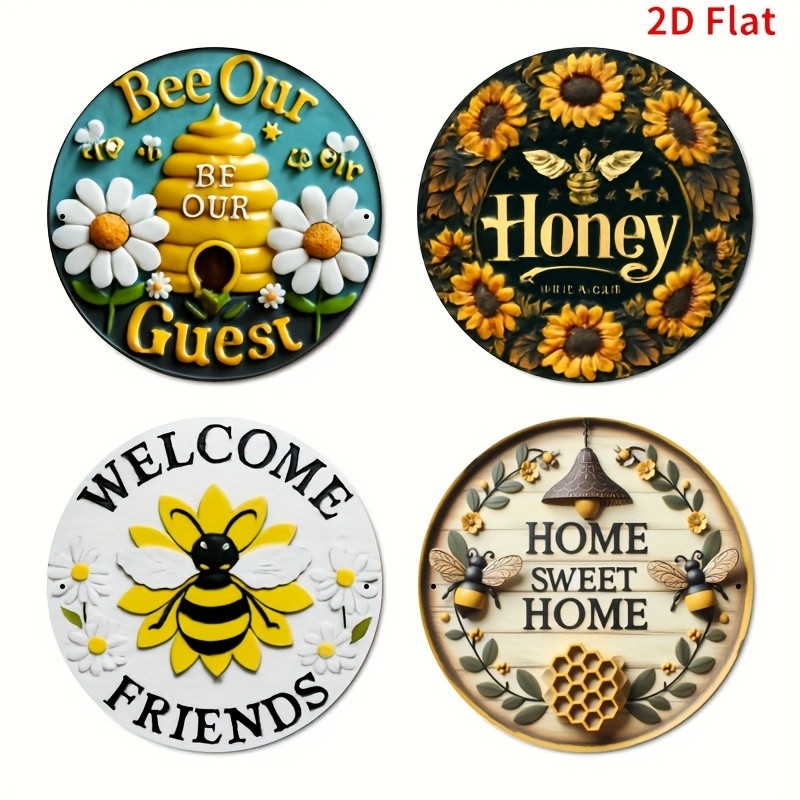 4pcs Round Halloween Wall Art - Rustic Bees, Multi-Purpose Home Decor