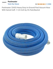 Pool Master Heavy Duty Inground Pool Vacuum Hose w Swivel Cuff 1.5" x 35'