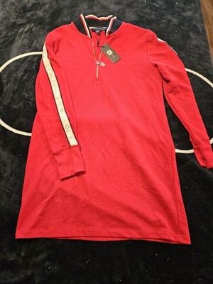 Tommy Hilfiger Dress Womens Large Red Graphic Logo Long Sleeve Knee Ladies
