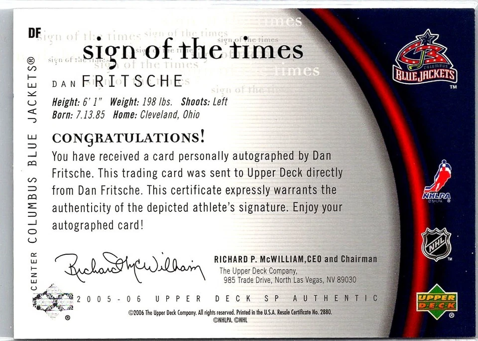 2005-06 SP Authentic Sign of the Times Dan Fritsche Auto #DF - Image 2 of 2