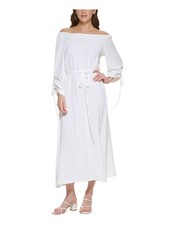 CALVIN KLEIN Womens White Tie Lined 3/4 Sleeve Maxi Fit + Flare Dress 4