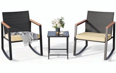 3pc Rocking Patio Bistro Set Wicker Chairs Glass Table