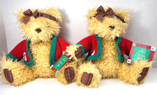 2 Hallmark Merrily Bear Plush Red Green Plaid Christmas Fluffy Stuffed Animal