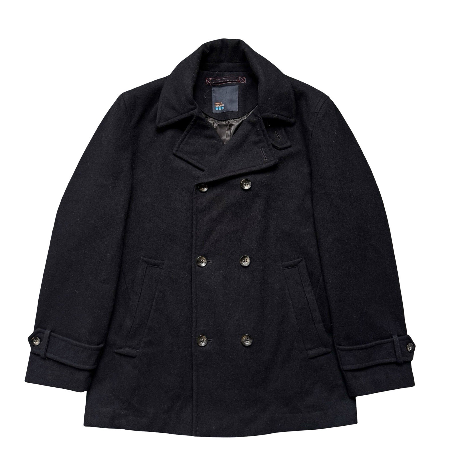 World Republic Navy Blue Wool Blend Mens Pea Coat Large Size Smart Jacket