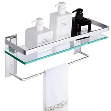 Glass Bathroom Shelf with Hand Towel Bar, Rectangular Wall Mounted Bathroom S...