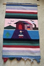 Vintage Aztec Mayan Mexican Rug Wall Hanging Hand Woven Wool Serape 50 x 80