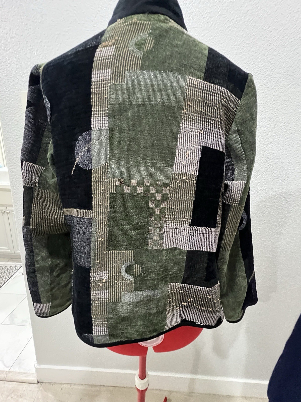 Patchwork teacher Jacket Abstract Print Olive Gre… - image 3