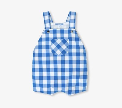 Jacadi Paris Baby boy gingham plaid short overalls cotton blue