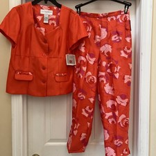 NWT Ladies Sag Harbor 2 Piece Suit Set Pants Jacket 8 Multi Color Floral Coral