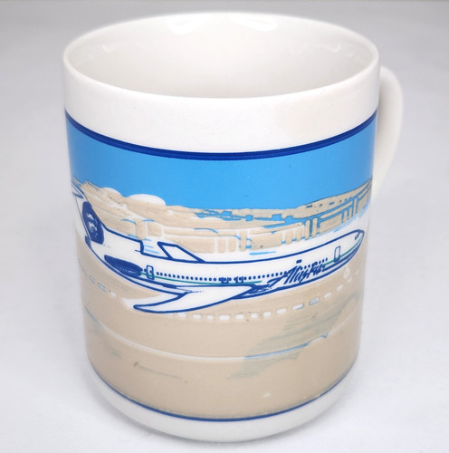 Vtg 1989 Alaska Airlines Ceramic Mug Blue Tan Textured Perfect Condition