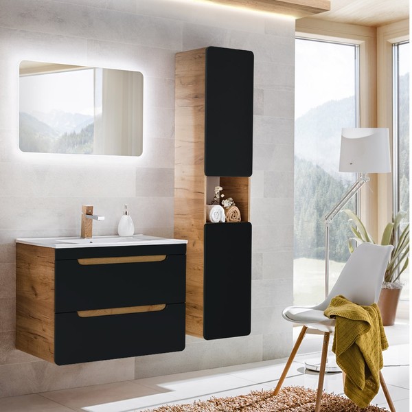 Badezimmer BadmöBel Komplettset Anthrazit 81Cm Waschtisch Led Spiegel Badschrank-image